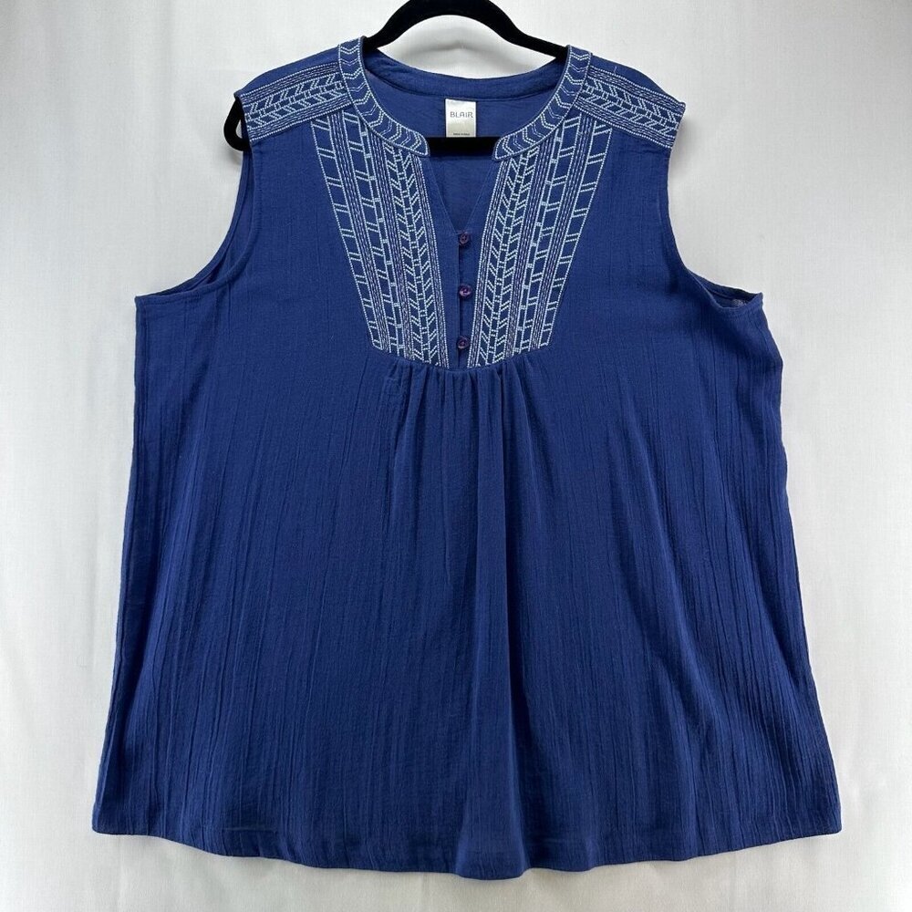 Blair Tops Women Sz XL Sleeveless Embroidered Trim V-Neck Button Front Boho Blue